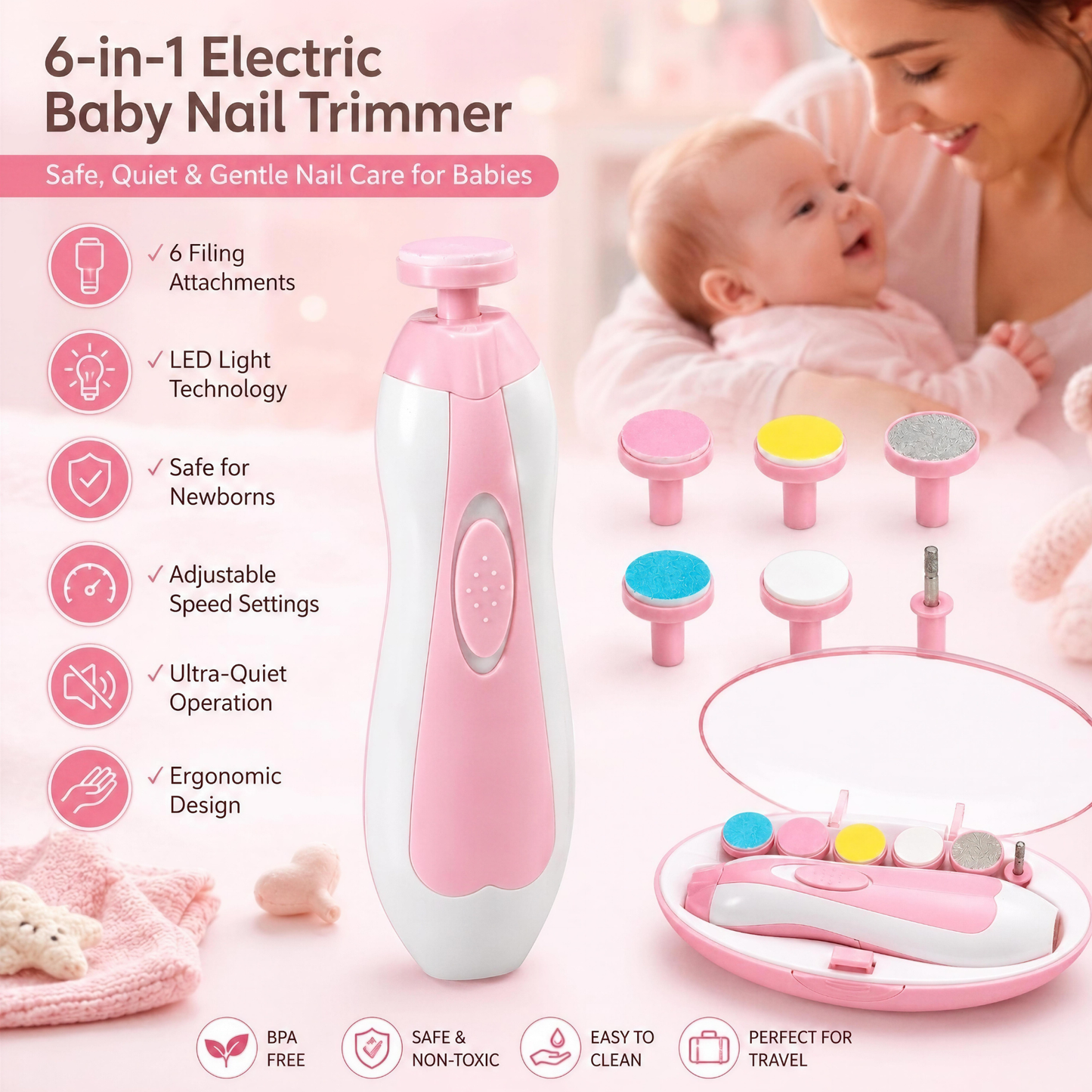 6-in-1 Electric Baby Nail Trimmer with LED Light